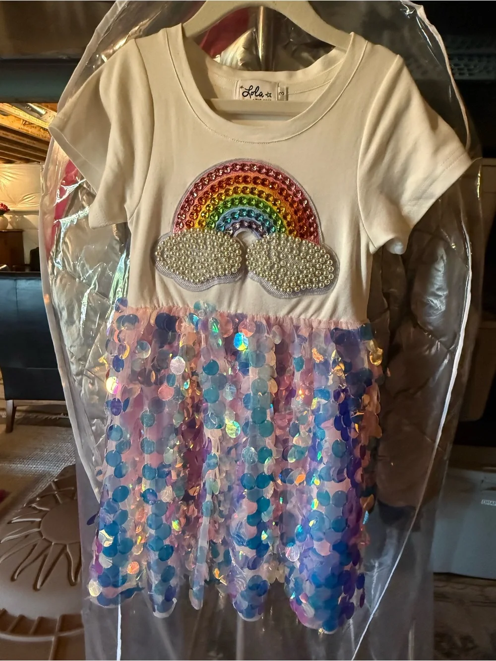 Lola & The Boys Rainbow Sequin Dress - White with Iridescent Skirt size 4